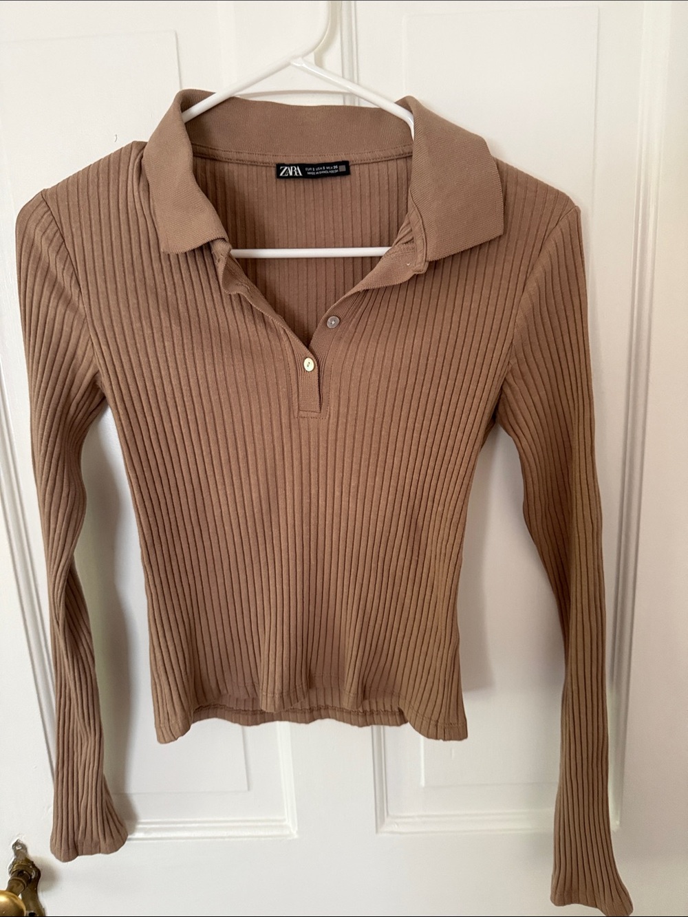 ZARA Ribbed Long-Sleeve Polo Top in Camel